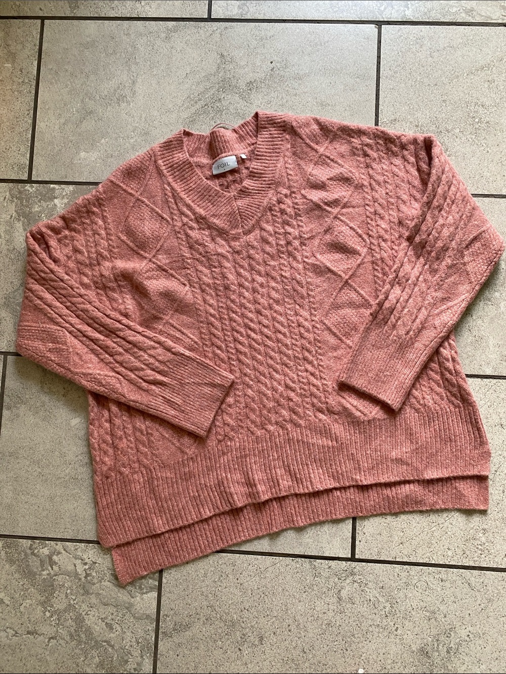 FOIL Cable Knit V-Neck Sweater in Dusty Rose Pink